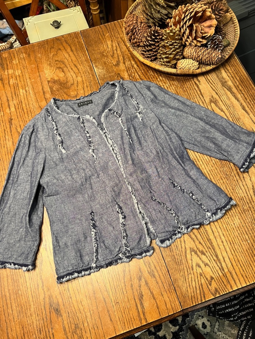 Tribal Frayed Open-Front Linen Blend jacket  - Denim Blue